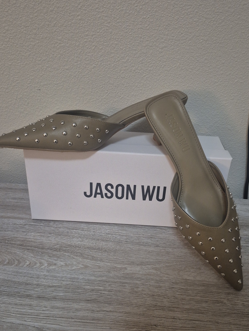 Jason Wu Taupe Studded Pointed Mules - Slip-On Chic